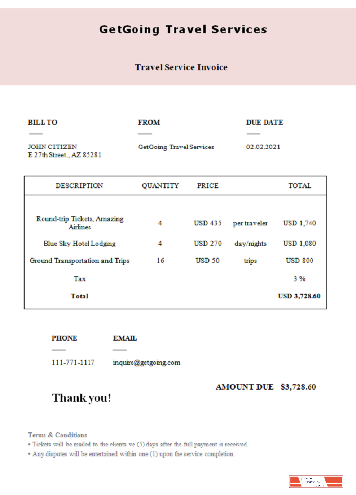 USA GetGoing Travel Services invoice PSD template